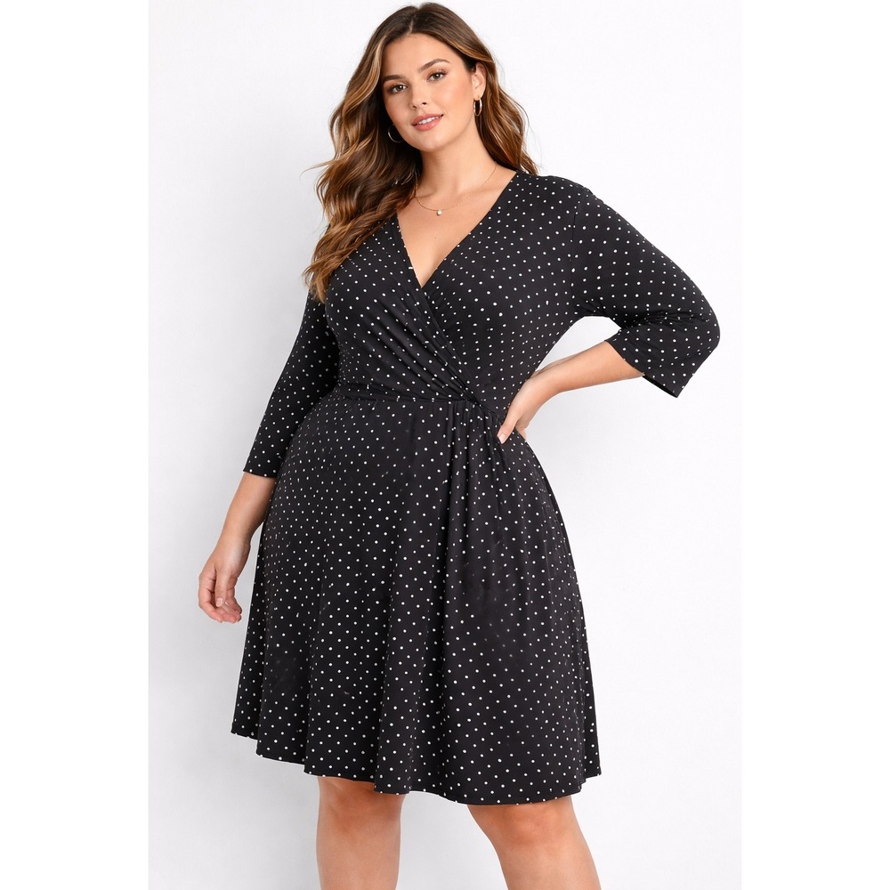 Torrid Womens Black Polka Dot Faux Wrap Dress 3/4 Sleeve Jersey Knit Plus Size 6